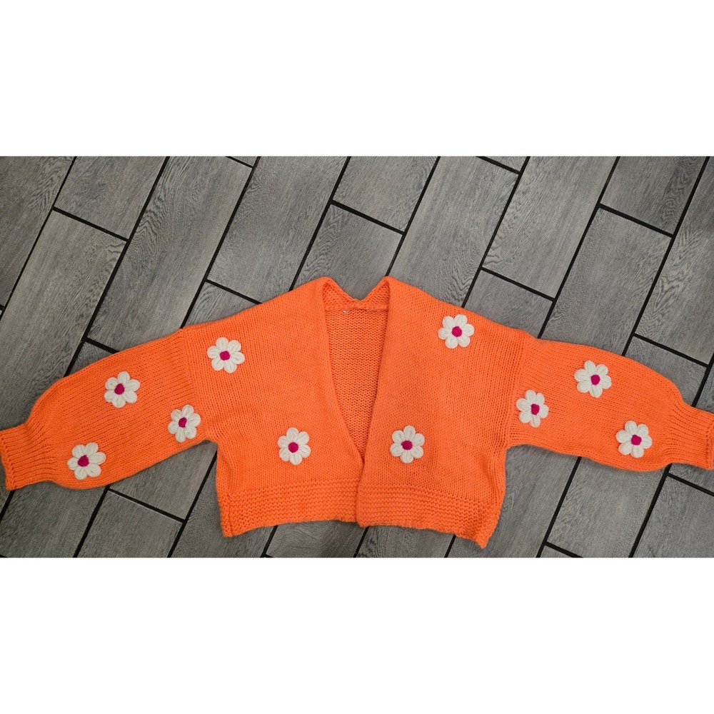 Neon Orange Chunky Knit Cardigan Daisy Crochet 3D Flower Crop Sweater